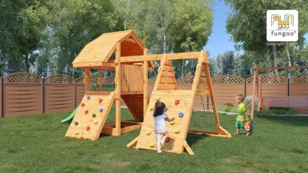 Aire de jeux principale FUNGOO BUFFALO SPIDER avec toboggan vert, escalade et grande balançoire, illustration générée non contractuelle - Modèle 6424PT