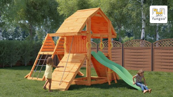 Aire de jeux FUNGOO BUFFALO SPIDER avec grande balançoire et toboggan vert de 2,2 m, position principale, référence 6424PT