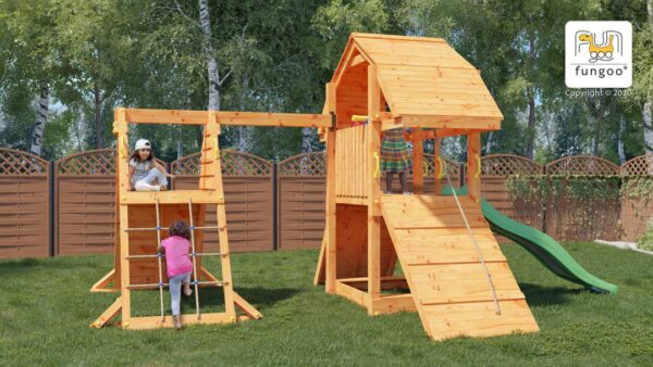 Image principale de la grande balançoire FUNGOO BUFFALO SPIDER avec aire de jeux complète et toboggan vert - illustration générée non contractuelle