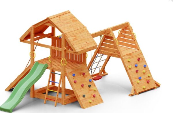Image principale de la grande balançoire FUNGOO BUFFALO SPIDER, référence 6424PT, montrant une aire de jeux en bois avec toboggan vert et murs d'escalade.