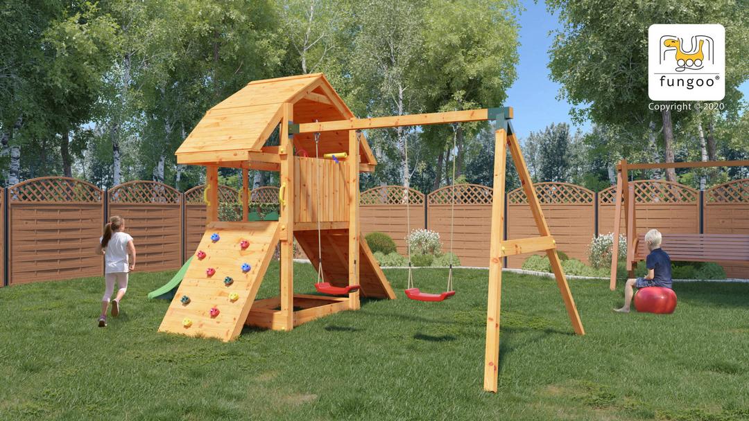 kit balançoire FUNGOO BUFFALO avec Balançoire Double - illustration principale du produit 6423PT, vue d'ensemble de l'aire de jeux dans un jardin