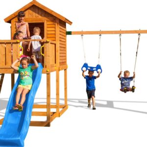 Illustration du kit cabane enfant FUNGOO MyHOUSE MOVE 3517PT - aire de jeux complète avec toboggan bleu, balançoires et maisonnette.