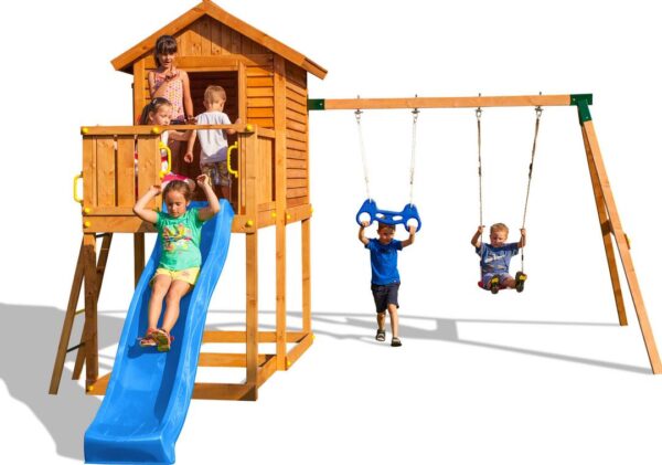 Illustration du kit cabane enfant FUNGOO MyHOUSE MOVE 3517PT - aire de jeux complète avec toboggan bleu, balançoires et maisonnette.