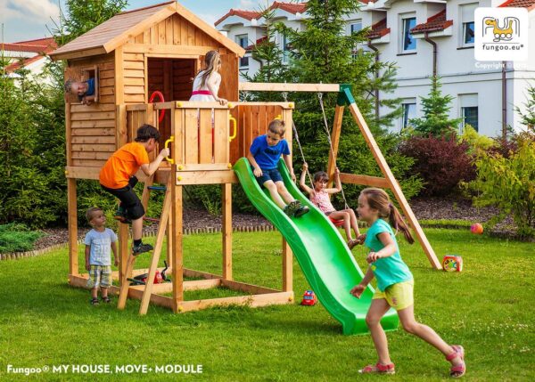 Kit cabane enfant FUNGOO MyHOUSE MOVE avec toboggan vert, balançoire et maisonnette - image principale, référence produit 3517PT