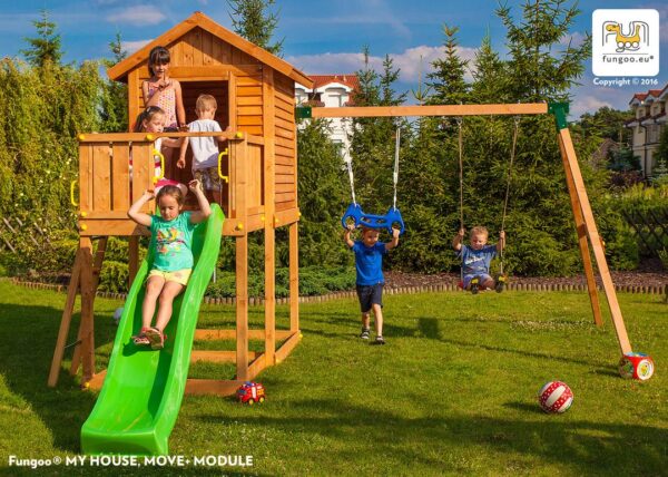 kit cabane enfant FUNGOO MyHOUSE MOVE avec toboggan bleu, 3517PT, illustration d'enfants en train de jouer