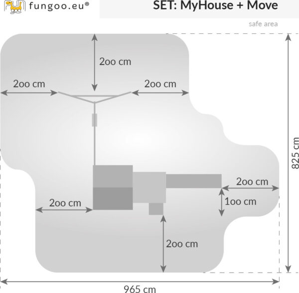 Plan de l'aire de jeux FUNGOO MyHOUSE MOVE avec dimensions et zones de sécurité - kit cabane enfant avec toboggan référence 3517PT