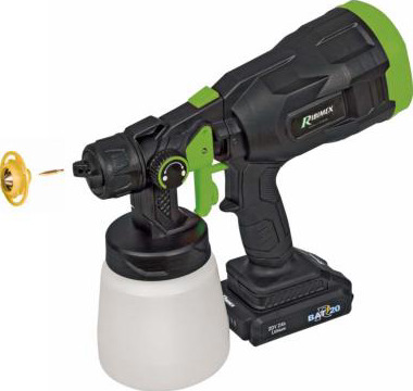 Kit pistolet à peinture sans fil RIBIMEX PRBAT20/PPKIT avec turbo-compresseur, batterie et chargeur montrant son design compact et la buse spéciale désinfectant.