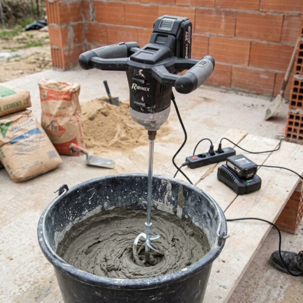 Malaxeur sans fil R-BAT20, image principale du produit sur un chantier avec un seau de mélange, référence PRBAT20/MIX
