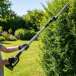 Vue principale du manche télescopique PRBAT20/EST, utilisé dans un jardin pour tailler une haie, montrant sa capacité d'extension et son utilisation pratique en hauteur.
