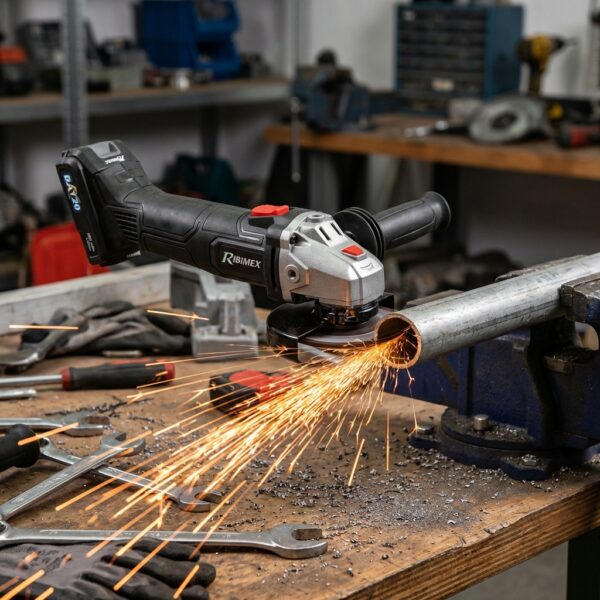 Meuleuse d'angle PRBAT20/M125 utilisée pour découper un tuyau métallique dans un atelier