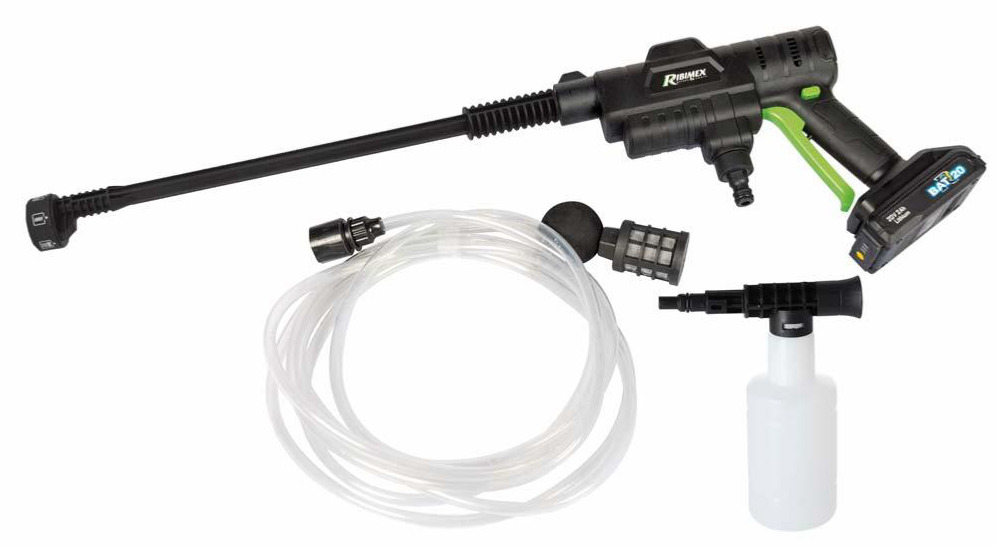 Image principale du nettoyeur moyenne pression avec batterie PRBAT20/NHP, montrant l'appareil avec ses accessoires