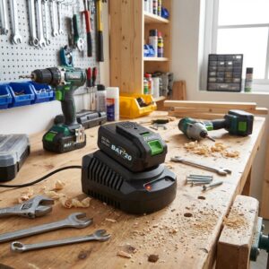 Pack chargeur + batterie RIBIMEX PRBAT20/KIT4 en situation dans un atelier avec des outils