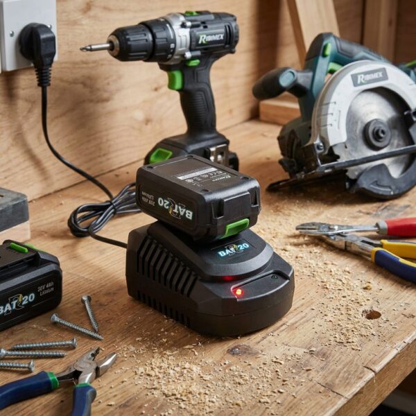 Pack chargeur + batterie PRBAT20/KIT4 sur établi, ambiance atelier