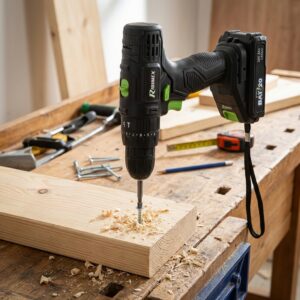 Perceuse visseuse PRBAT20/P en action sur établi en bois