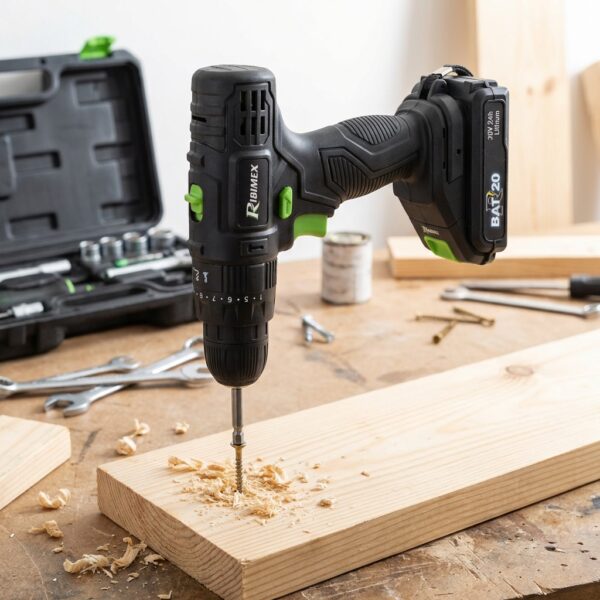 Perceuse visseuse sans fil PRBAT20/P en action sur une planche de bois, avec accessoires en arrière-plan