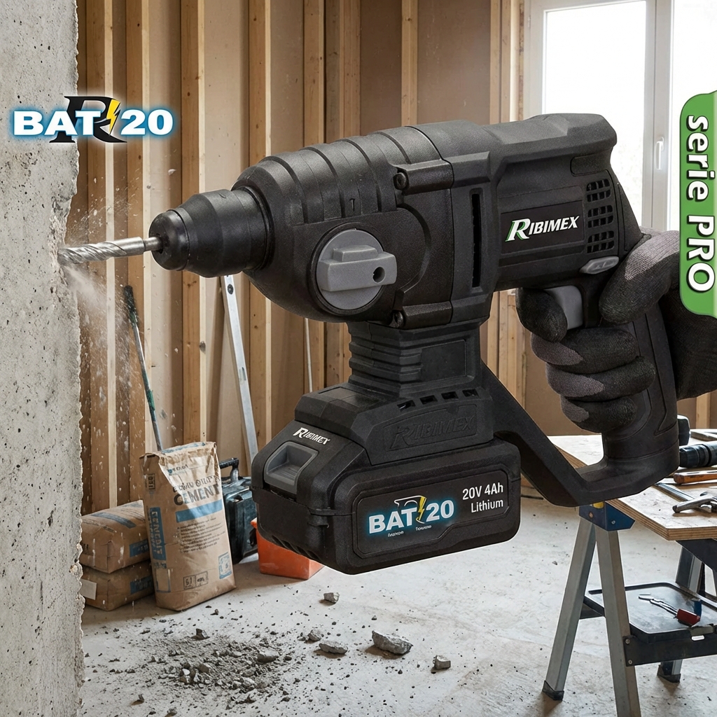Coffret perforateur burineur sur batterie 20V 4Ah + chargeur rapide PRBAT20/PERFPRO - Ribimex 3 Perforateur burineur sur batterie RIBIMEX SDS R-Bat20 en action dans un chantier, réf. PRBAT20/PERFPRO