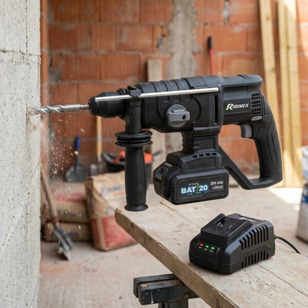 Perforateur burineur sur batterie R-Bat20 PRBAT20/PERFPRO en action perçant un mur, avec chargeur rapide à côté