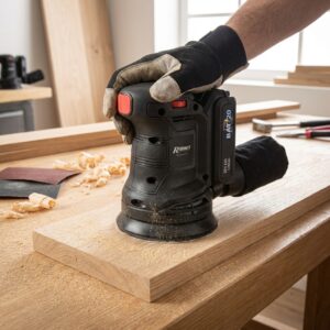 Image principale de la ponceuse orbitale sans fil R-BAT20 en action sur une planche en bois avec sac à poussière intégré - PRBAT20/POR