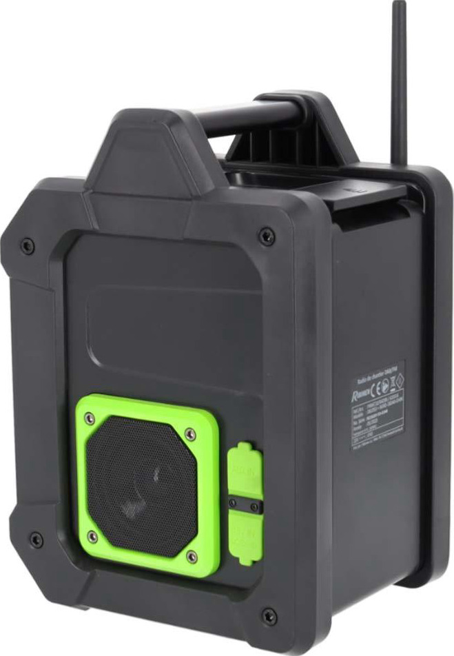 Arrière de la radio de chantier avec cadre de protection et poignée de transport