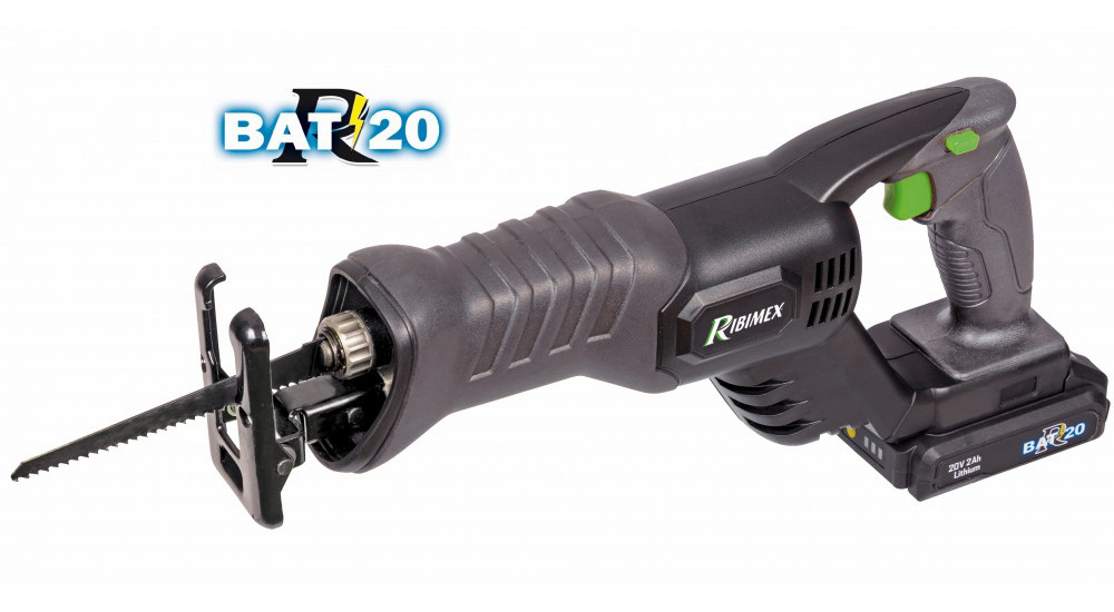Scie sabre sans fil noire avec sa batterie Lithium-Ion 20 V 2 Ah en place