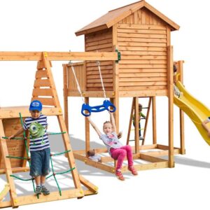 Image principale de la station de jeux FUNGOO MySIDE SPIDER avec structure en bois et toboggan jaune, référence 3514PT