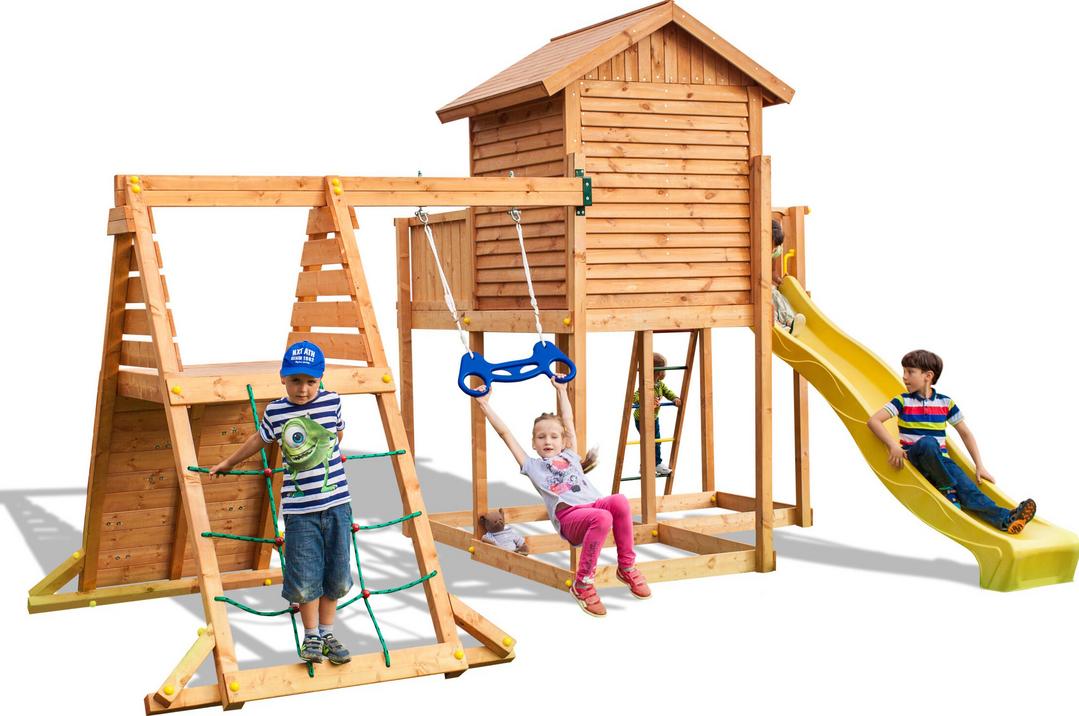 Image principale de la station de jeux FUNGOO MySIDE SPIDER avec structure en bois et toboggan jaune, référence 3514PT