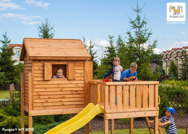 Station de jeux FUNGOO MySIDE SPIDER avec maisonnette en bois et toboggan jaune, référence 3514PT
