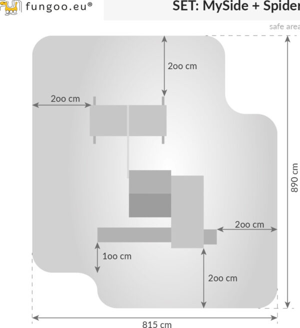 Plan de dimensions de la station de jeux FUNGOO MySIDE SPIDER avec espaces de sécurité indiqués, référence 3514PT
