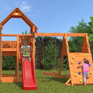 Station de jeux plein air FUNGOO BIG LEADER SPIDER, vue principale, toboggan rouge, échelle, corde à grimper, référence 4328PT