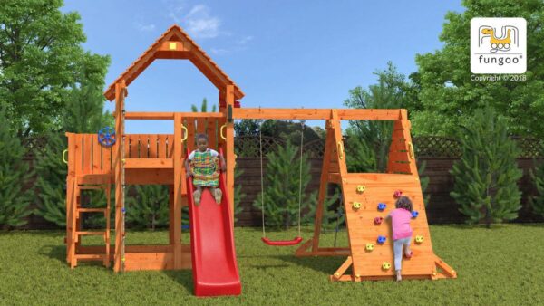 Station de jeux plein air FUNGOO BIG LEADER SPIDER, vue principale, toboggan rouge, échelle, corde à grimper, référence 4328PT