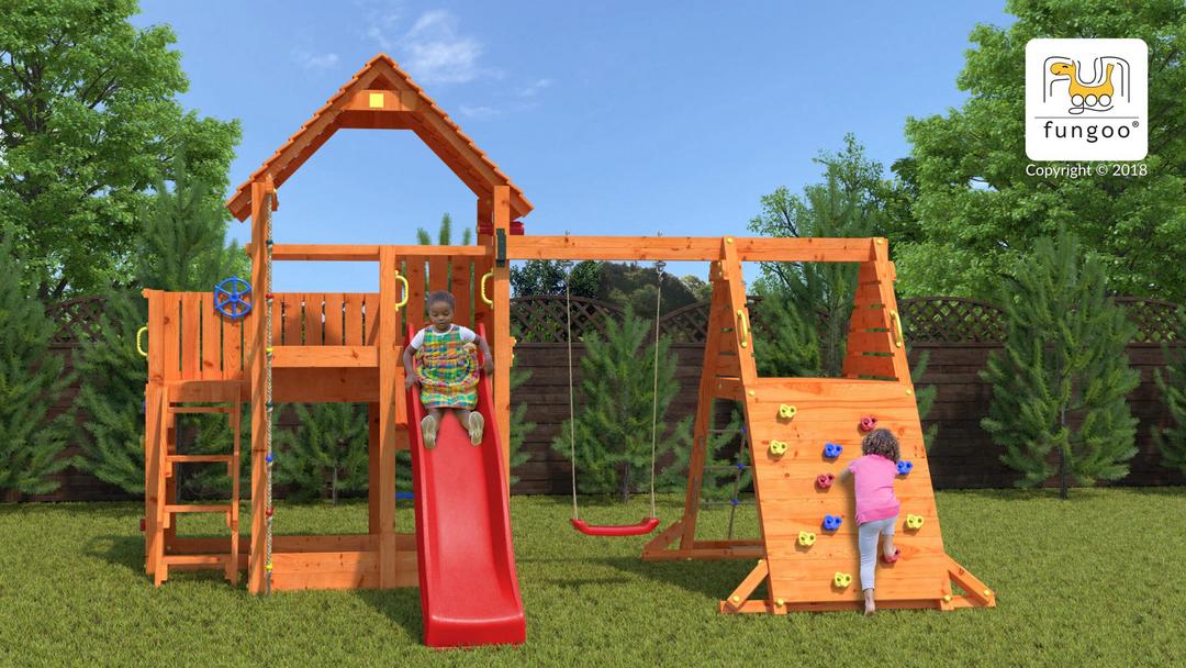 Station de jeux plein air FUNGOO BIG LEADER SPIDER, vue principale, toboggan rouge, échelle, corde à grimper, référence 4328PT
