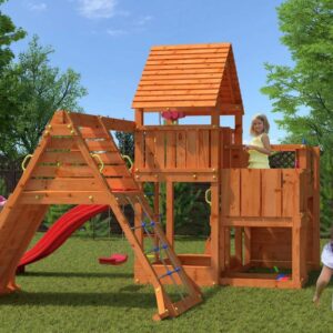 Station de jeux plein air FUNGOO BIG LEADER SPIDER avec enfants jouant sur la structure. Illustration générée non contractuelle. Référence produit : 4328PT