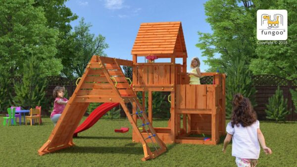 Station de jeux plein air FUNGOO BIG LEADER SPIDER avec enfants jouant sur la structure. Illustration générée non contractuelle. Référence produit : 4328PT