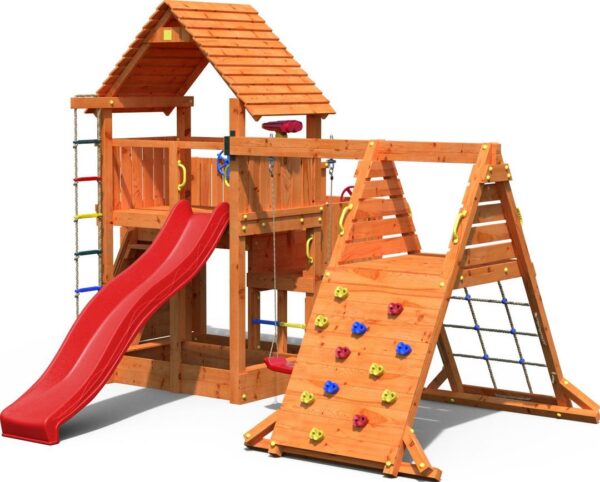 Station de jeux plein air FUNGOO BIG LEADER SPIDER avec toboggan rouge et mur d'escalade, référence 4328PT