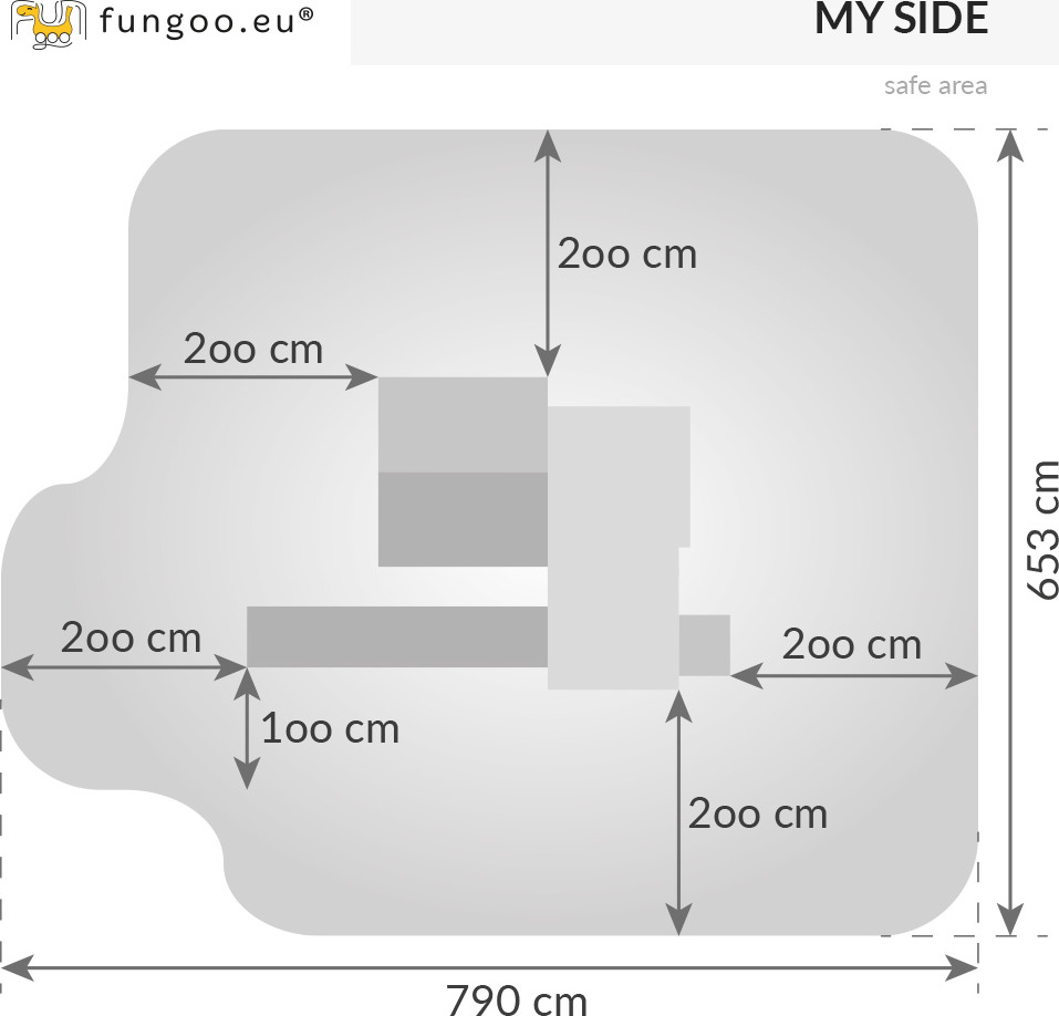 Illustration des dimensions de sécurité pour le toboggan avec plateforme, référence produit 3295PT