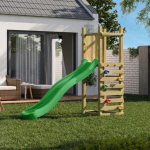 Toboggan enfant FUNGOO LIGHT avec mur d'escalade et ancrages au sol, illustration générée non contractuelle, référence 8330PK
