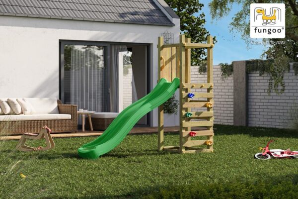 Toboggan enfant FUNGOO LIGHT avec mur d'escalade et ancrages au sol, illustration générée non contractuelle, référence 8330PK