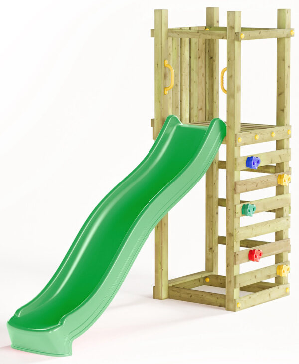 Image principale du toboggan enfant FUNGOO LIGHT 8330PK, montrant une structure en bois avec toboggan vert et mur d'escalade