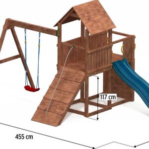 Aire de jeux FUNGOO CAROL3 avec toboggan et balançoire, illustration des dimensions du produit, non contractuelle.
