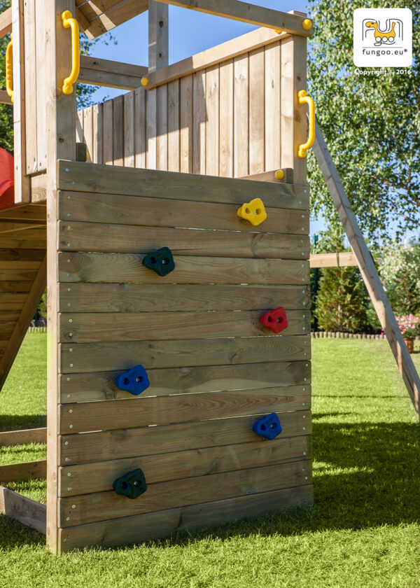 Mur d'escalade pour aire de jeux Fungoo Carol3 avec toboggan et balançoire, réf 3005PK