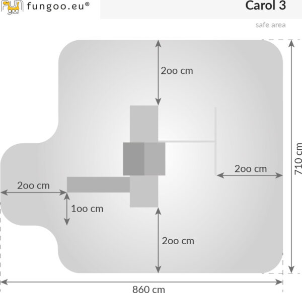 Schéma des dimensions de l'aire de jeux Fungoo Carol3 avec indications de sécurité