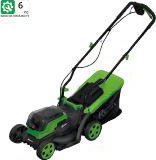 Tondeuse sur batterie 340 mm 40V (2x 20Ah) + chargeur PRBAT20/TON33 - Ribimex 4 Tondeuse sur batterie R-BAT20 20v avec 2 batteries visibles, indice de réparabilité 6/10, avec guidon repliable.