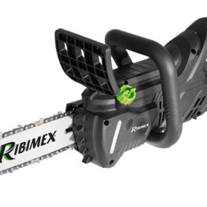 Tronçonneuse à batterie Ribimex R-BAT20 PRBAT20/TRO1. Image principale montrant la tronçonneuse avec batterie installée et son design ergonomique.