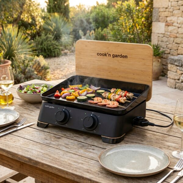 Plancha électrique de table DUNE 60 modèle PE005 en action sur une table de jardin, montrant sa capacité à cuisiner divers aliments simultanément.