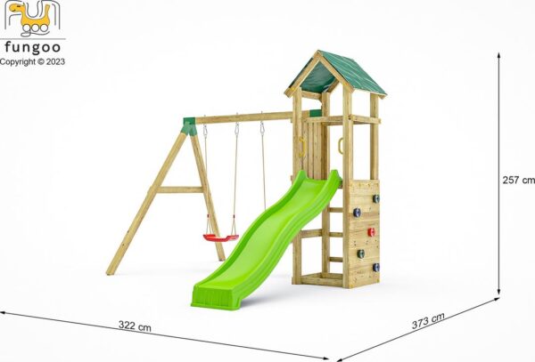 Portique double balançoire et toboggan FUNGOO CHARLY 8660PK - image principale avec dimensions