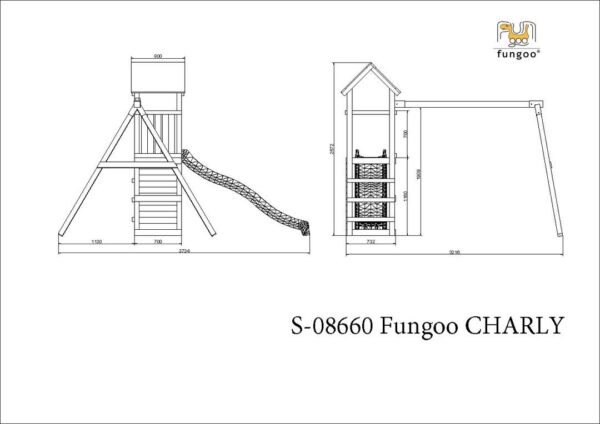 Illustration générée non contractuelle du portique double balançoire et toboggan FUNGOO CHARLY 8660PK montrant les dimensions et la structure.