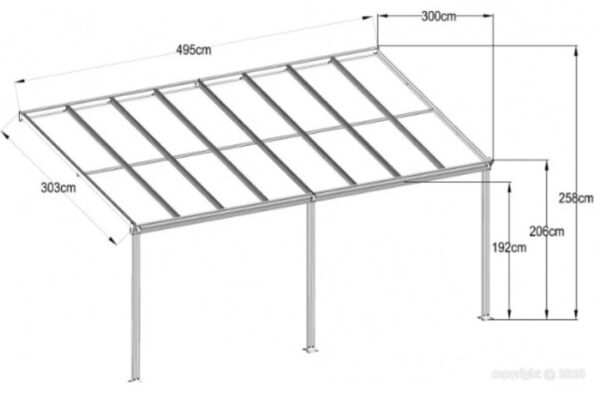 BW8NR Dimensions Pergola adossée 5x3 M aluminium + rideau B8WNR - Habrita