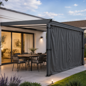 Pergola adossée 5x3 M aluminium + rideau B8WNR - Habrita vue latérale
