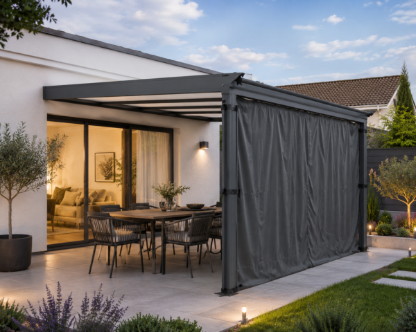 Pergola adossée 5x3 M aluminium + rideau B8WNR - Habrita vue latérale