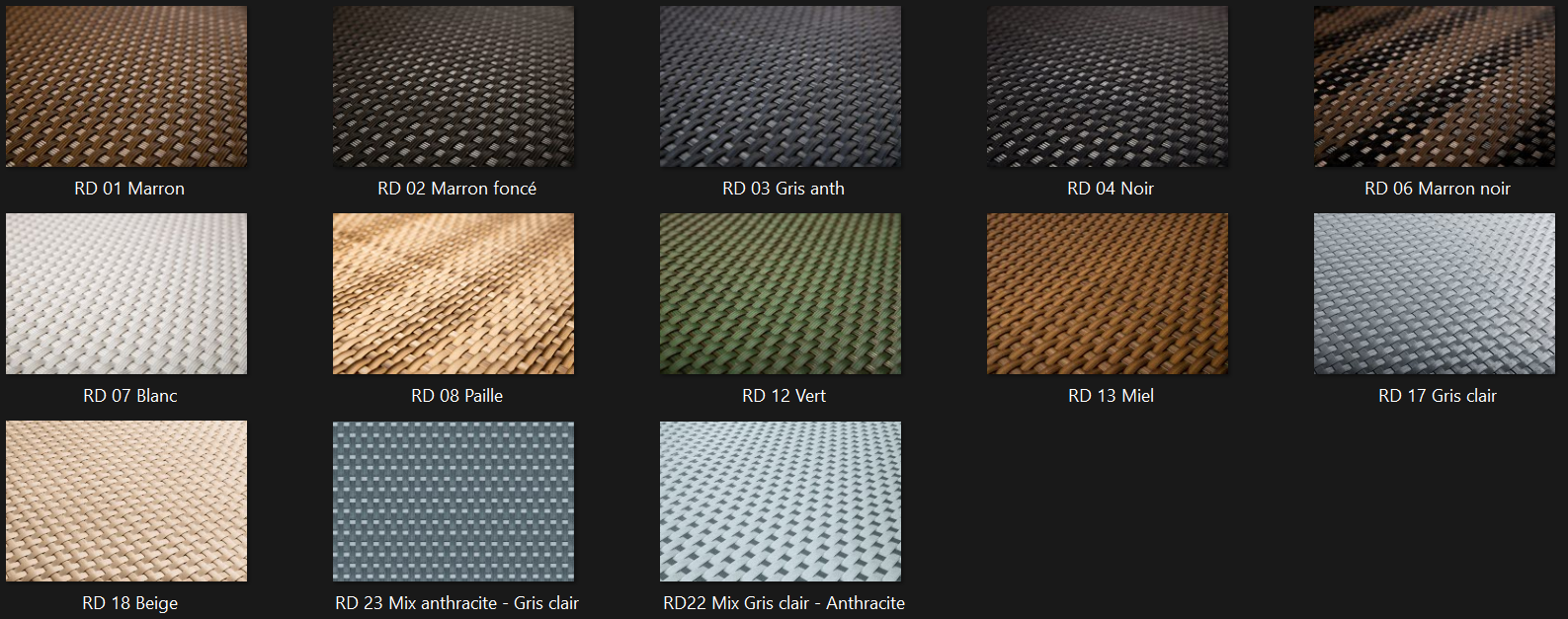 Visuel montrant tous les coloris disponibles pour les brise-vues en résine tressée